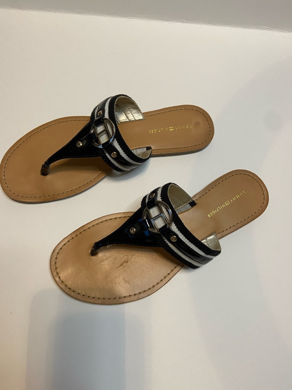 Tommy Hilfiger Black and White Striped Thong Sandals with Tan Footbed
